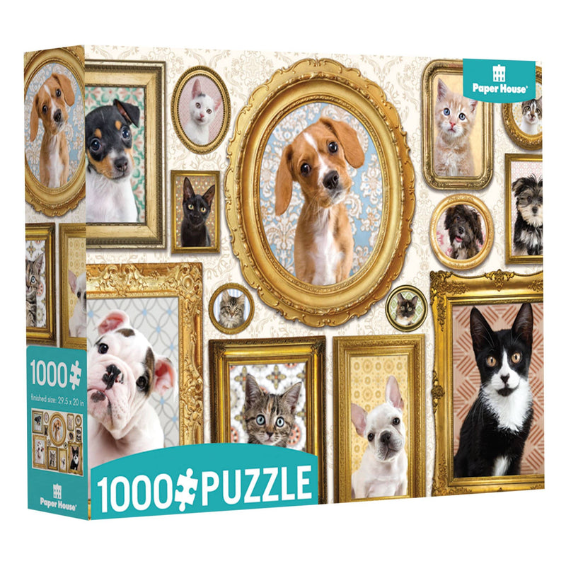 jigsaw puzzle box featuring cats and dogs in gold frames.