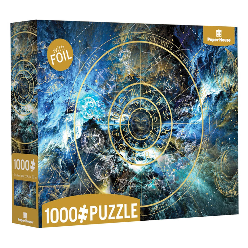 jigsaw puzzle box featuring the galaxy and astrological signs with gold details, shown on white background.