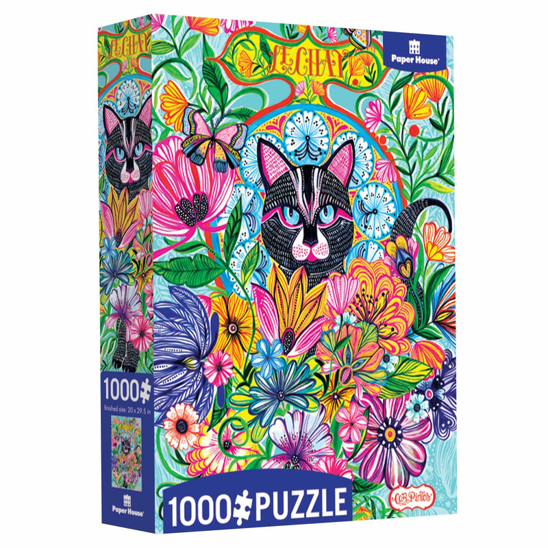 Le Chat jigsaw puzzle box featuring colorful illustrated cat and florals, shown on white background.