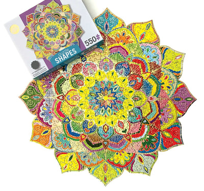 colorful Mandala jigsaw puzzle shown assembled with its box on a white background.