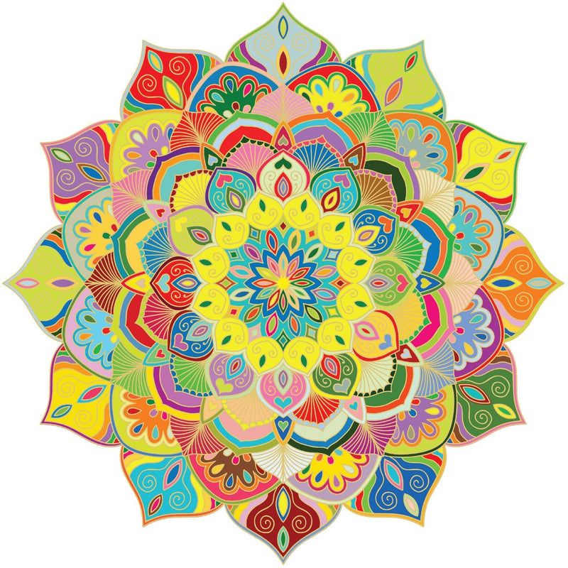 Shaped jigsaw puzzle featuring a colorful mandala with gold foil accents, shown on white background.
