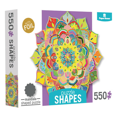 1000 piece shaped jigsaw puzzle package featuring a colorful mandala with gold foil accents.