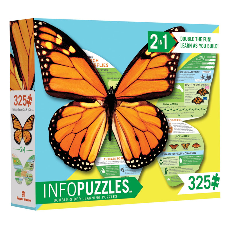 Monarach jigsaw puzzle box featuring shaped butterfly.