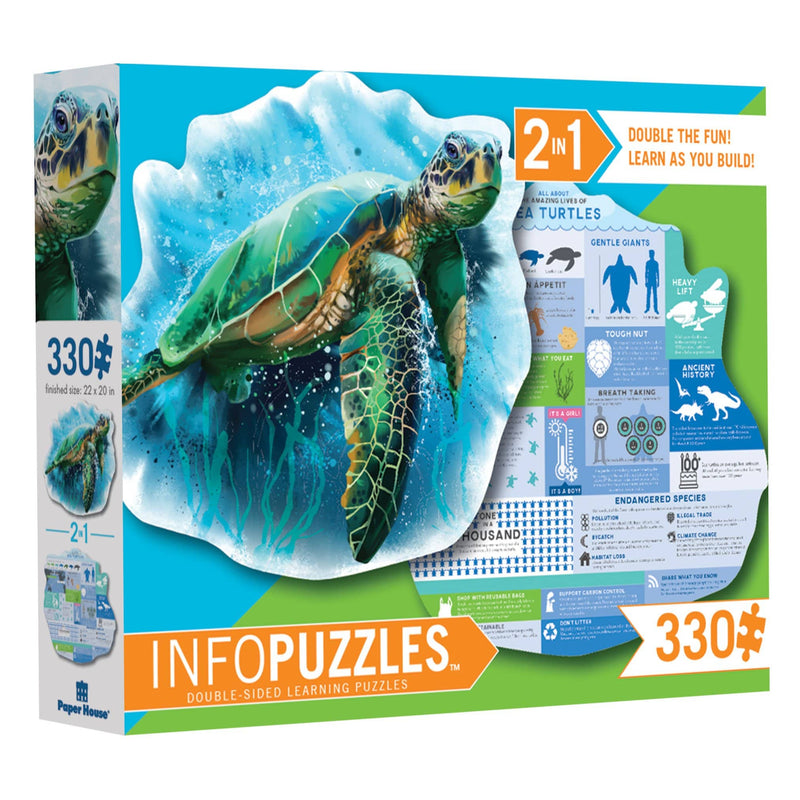 Sea Turtle jigsaw puzzle box featuring shaped illustrated turtle overlapping puzzle back featuring fun facts.