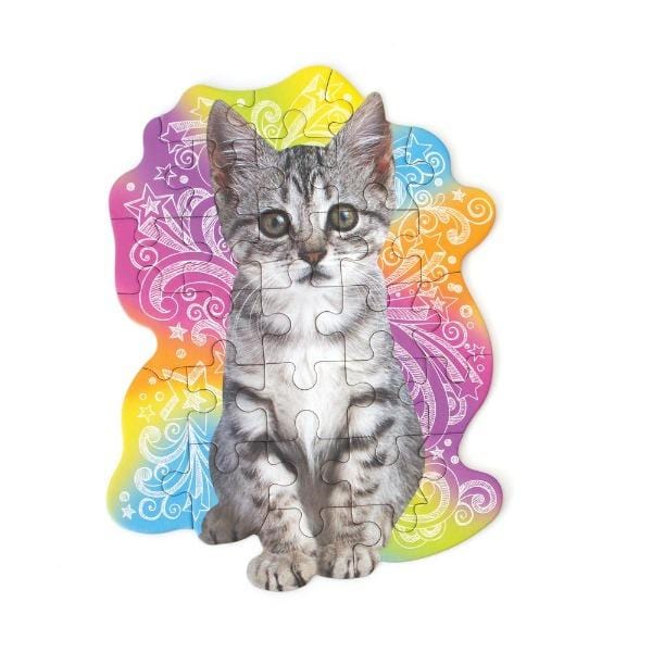 die cut mini jigsaw puzzle featuring a photo real kitten on a colorful background, shown on white background.
