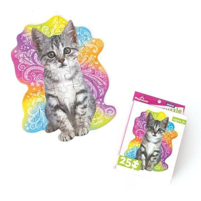 die cut mini jigsaw puzzle featuring a photo real kitten on a colorful background with package, shown on white background.