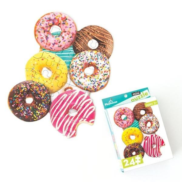 die cut mini jigsaw puzzle featuring photo real donuts, shown with box on white background.