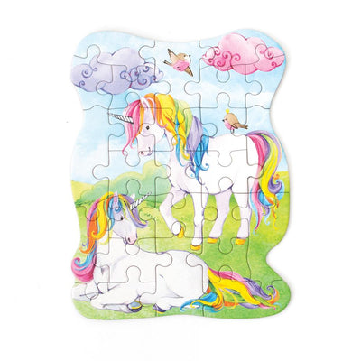 die cut mini jigsaw puzzle featuring illustrated pastel unicorns, shown on white background.