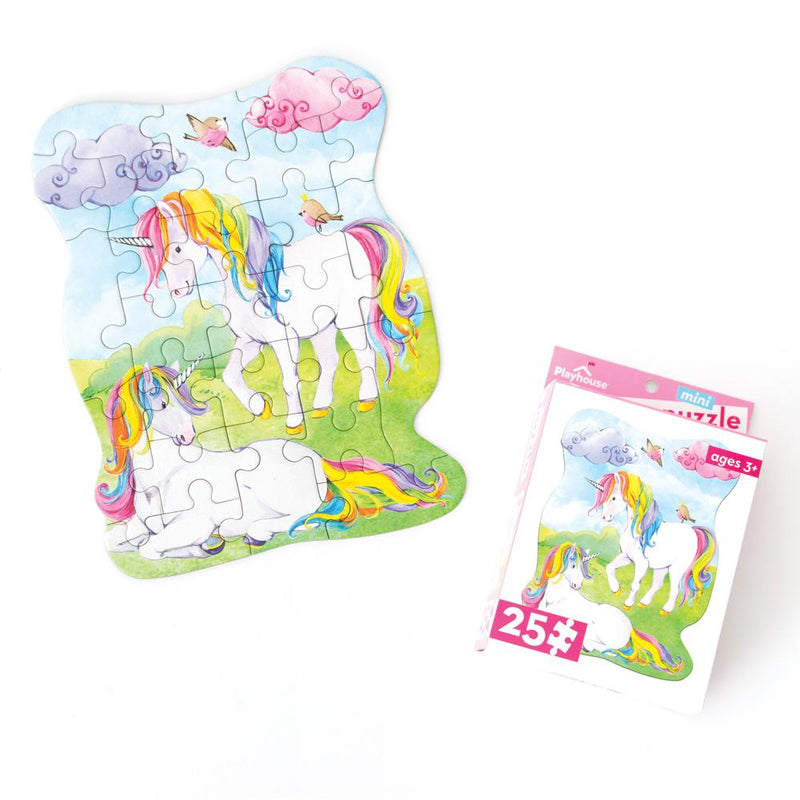die cut mini jigsaw puzzle featuring illustrated pastel unicorns, shown with package on white background.