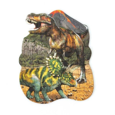 die cut mini jigsaw puzzle featuring dinosaurs, shown on white background.