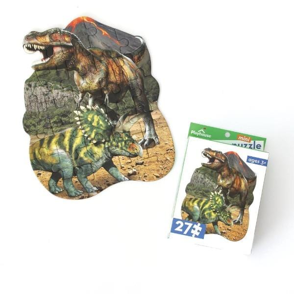 die cut mini jigsaw puzzle featuring dinosaurs, shown with box on white background.