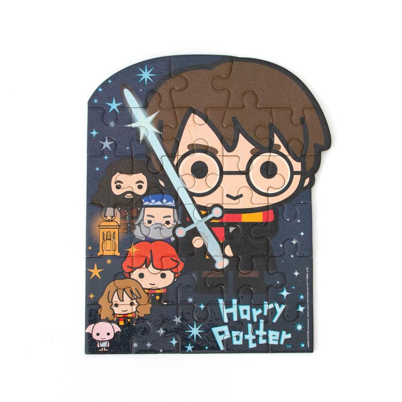 die cut mini jigsaw puzzle featuring chibi Harry Potter, on white background.