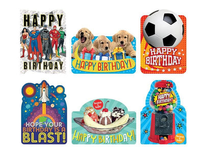 birthday card set featuring six colorful kids birthday cards shown on white background.