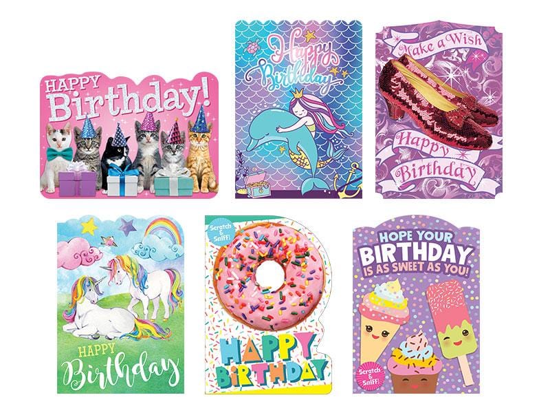birthday card set featuring six colorful, die cut cards, shown on white background.