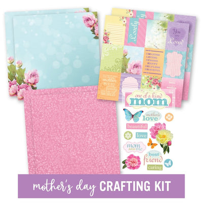 craft kit featuring pastel floral papers and mom stickers, shown displayed on white background.