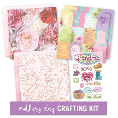 craft kit featuring floral patterned and tag scrapbook papers, and Grandma 3D stickers, shown on white background.