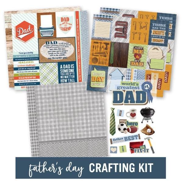 craft kit featuring scrapbook paper and stickers with Dad-themed illustrations and words of love, shown on white background.