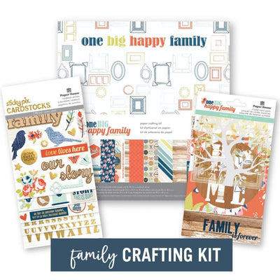 craft kit featuring One big happy family paper pad and stickers, shown in packages on white background.