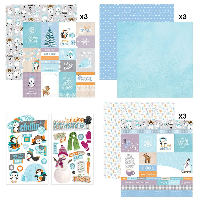 This craft kit image shows three double-sided papers and two sticker sheets featuring tags, penguins and snowmen