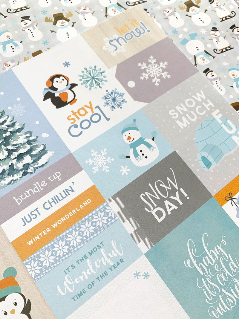 This craft kit image features winter themed tags and pattern papers of snowmen and penguins with blue, teal and white details.