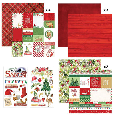 This craft kit image shows three double-sided papers and two sticker sheets featuring tags, plaids, holly patterns and santa with red, green and gold details.