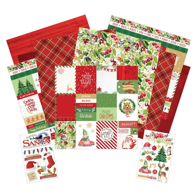 This craft kit image features Christmas themed tags and pattern papers shown with two sheets of Christmas themed stickers. Featuring text, plaids and holly patterns with red, green and gold details.