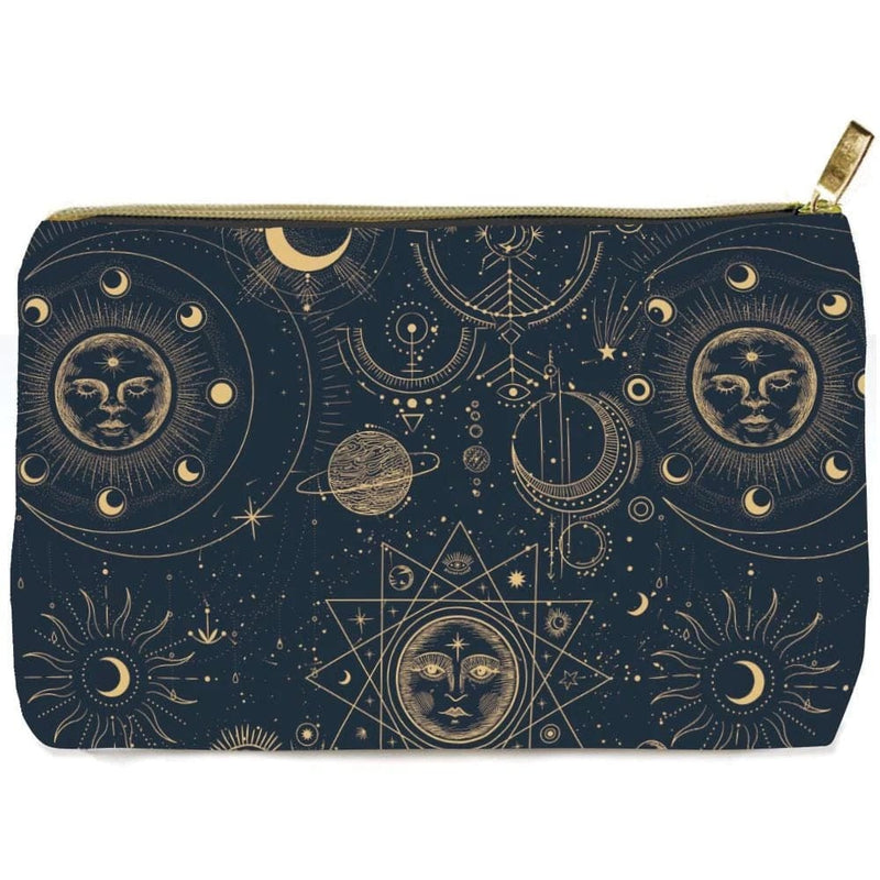 zippered pencil pouch featuring a blue celestial background with gold details, shown on a white background.