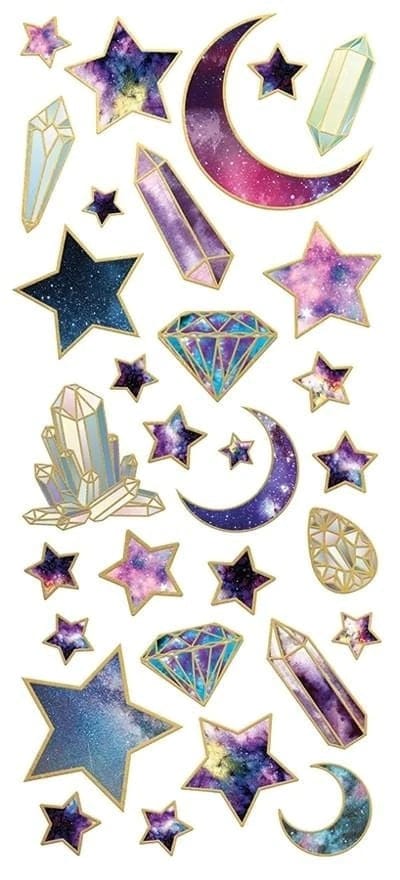 stickers featuring blue, purple and teal stars, moons and crystals with gold details on white background.