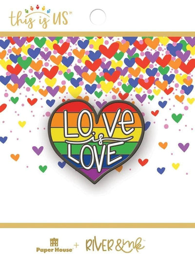 enamel pin shown in package featuring LOVE is LOVE and rainbow hearts.