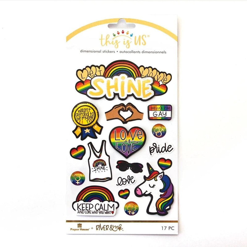 3D scrapbook stickers featuring Love is Love and a rainbow theme of unicorns and hearts shown in package on white background.