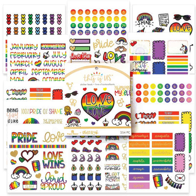 12 sheets of Pride themed stickers are shown with package featuring rainbows, hearts and numbers, shown on white background.