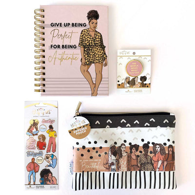 pencil pouch, spiral notebook, stickers in package and enamel pin in package, all featuring Goldmine and Coco illustrated designs of diverse group of women and graphic patterns, shown on white background.