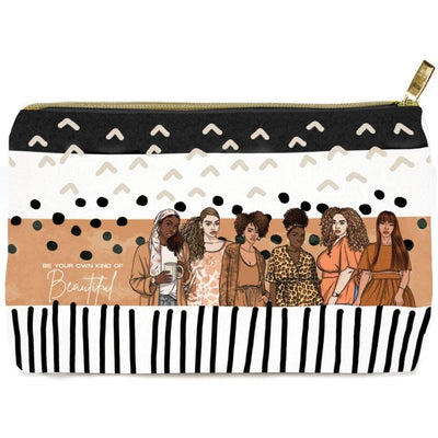 pencil pouch featuring illustrations of a diverse group of women with black, brown and white graphic pattern shown on white background.
