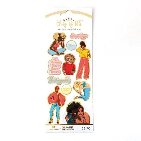 stickers shown in package featuring illustrations of women with inspirational sayings and gold details.