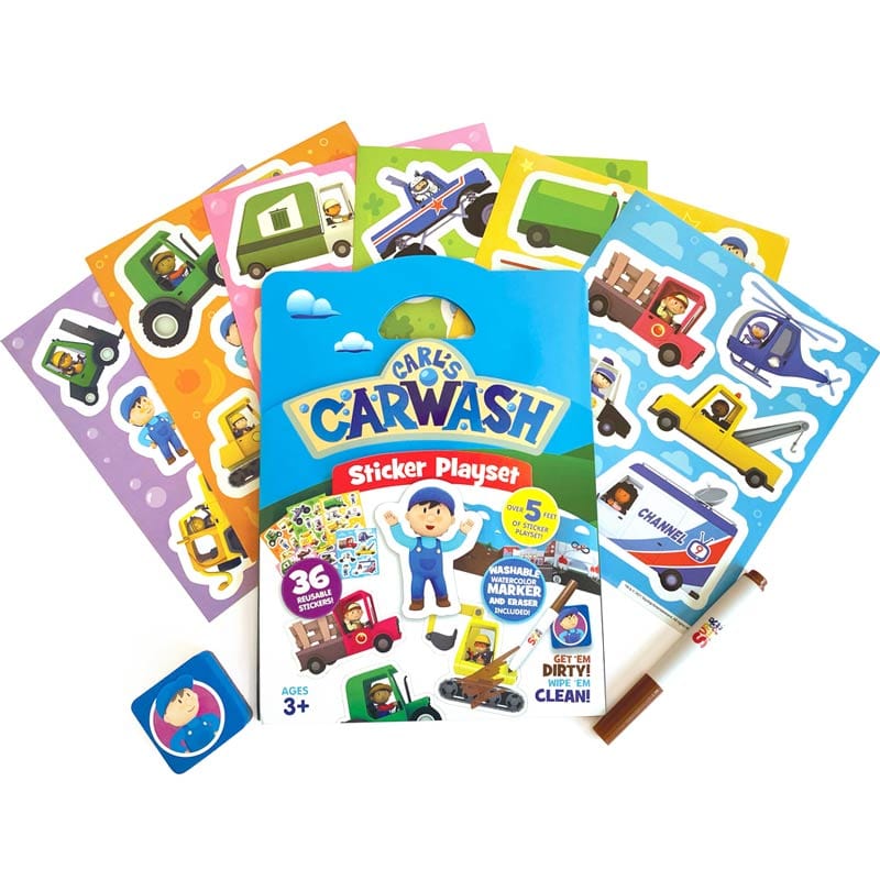 Sticker playset featuring 6 colorful sticker sheets with illustrated transportation vehicles, a marker and an eraser shown on white background with package.