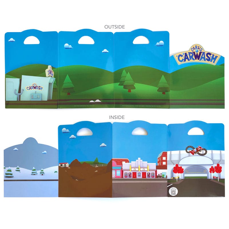 sticker playset featuring an illustrated car wash with mountains and buildings on a shaped board showing the front and back on a white background.
