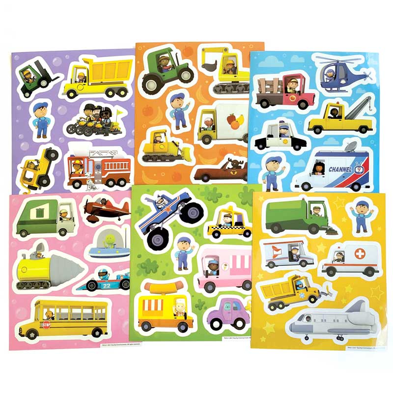 6 colorful sticker sheets featuring trucks, cars and busses shown on white background.