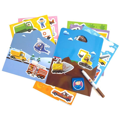 sticker playset featuring colorful sticker sheets displayed with board and marker and eraser, shown on white background. 