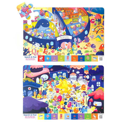 2 floor puzzles featuring finny the shark shown on white background.