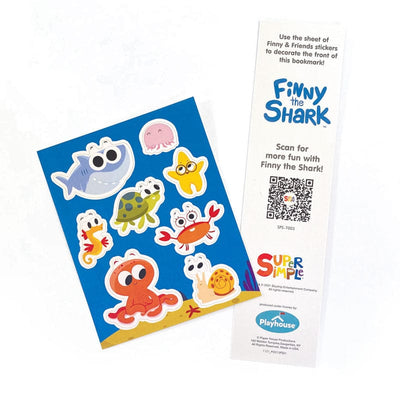 sticker sheet featuring finny the shark and friends shown with bookmark on white background.
