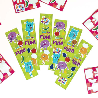 Party Favor Pack featuring 6 bookmarks and sticker sheets displayed on white background.