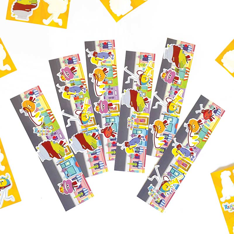 Party Favor Pack featuring 6 bookmarks with sticker sheets shown displayed on white background.