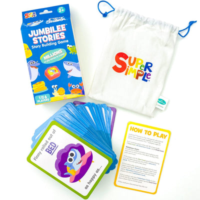Jumbilee Stories story building game featuring Finny The Shark package, pouch and cards displayed on white background.