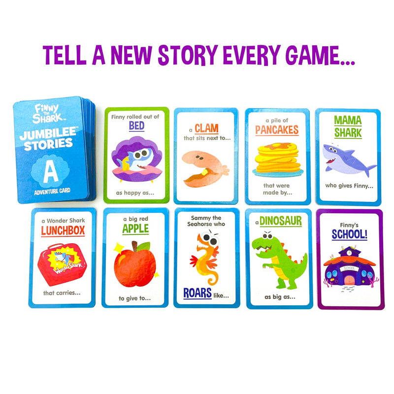 Finny the Shark Jumbilee Stories featuring cards displayed on white background with Purple headline.