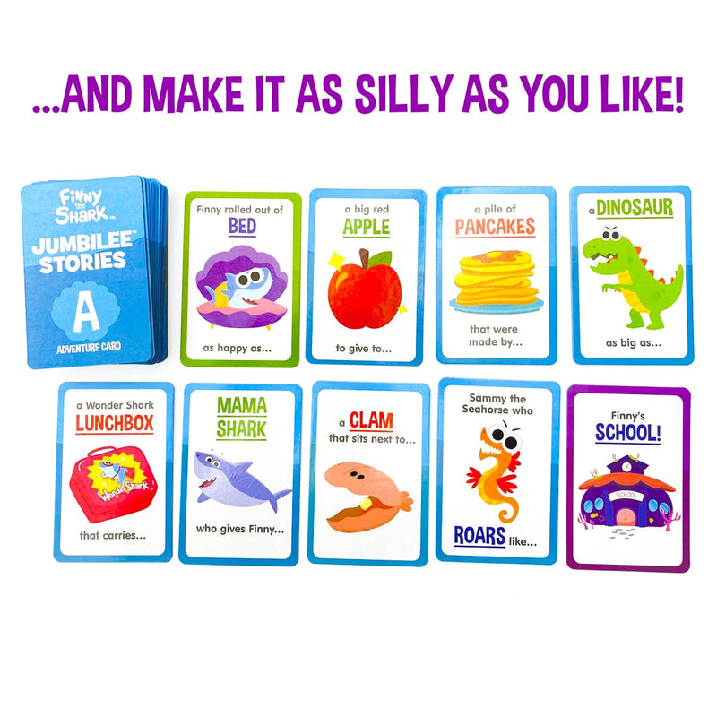 Finny the Shark Jumbilee Stories featuring cards displayed on white background with Purple headline.