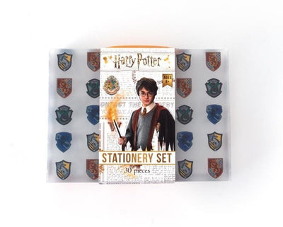 Harry Potter kids stationery set is shown in its travel case featuring all crests and shown packaged with a paper sleeve featuring Harry Potter.