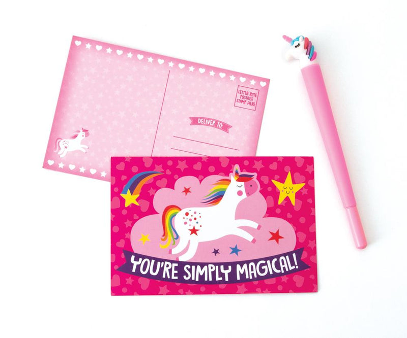 kids stationery set image featuring a colorful illustration of a unicorn on a postcard with a pink unicorn pen beside it.
