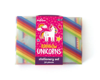 kids stationery set image shown in its travel case featuring rainbows and shown packaged with a paper sleeve featuring a colorful unicorn on a pink background.