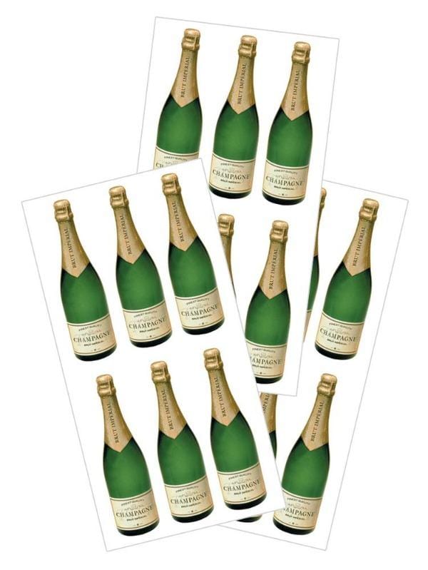 3 sheets of stickers featuring photo real champagne bottles shown on white background.