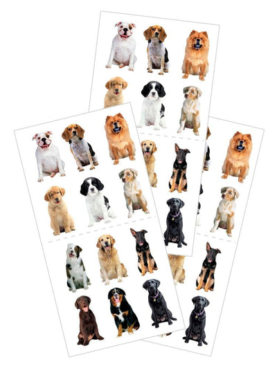 3 sheets of stickers featuring a variety of photo real dogs, shown on white background.
